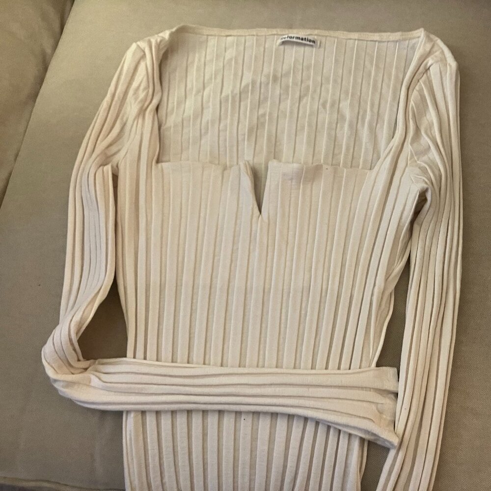 Reformation Cream square neck Ribbed Women Long Sleeve Top